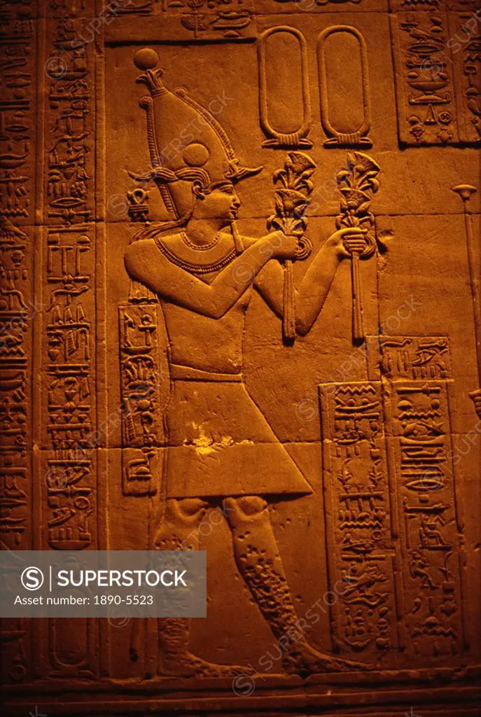 Bearer brings flowers to perfumery, relief on Chamber of Appearances, Temple of Hathor, Dendera, Egypt, North Africa, Africa