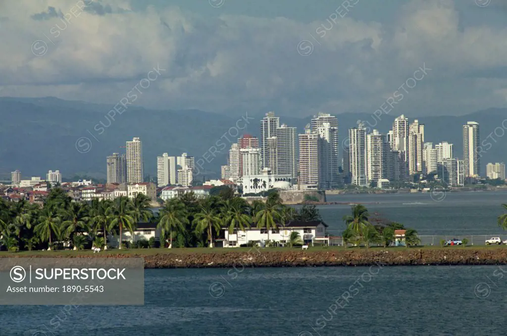 The high rise buildings on the skyline of Panama City seen from the Canal approach, Panama, Central America