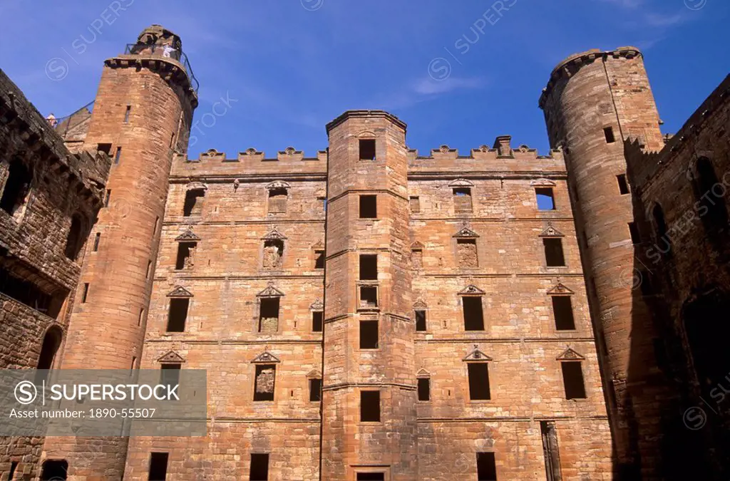 Interior facade, Linlithgow Palace dating from between the 15th and 16th centuries, West Lothian, Scotland, United Kingdom, Europe