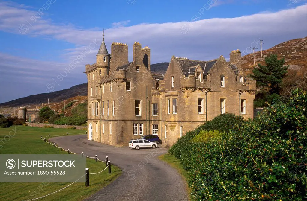 Amhuinnsuidhe Castle, built in 1868 in scottish baronial style by the Count of Dunmore on North Harris. North Harris, Outer Hebrides, Scotland, United...
