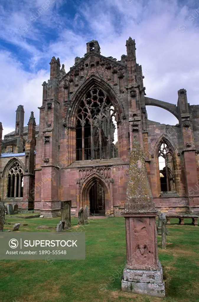 Melrose Abbey, first Cistercian settlement in Scotland, founded by David I in 1136, burial place of the heart of Robert the Bruce, Melrose, Scottish B...