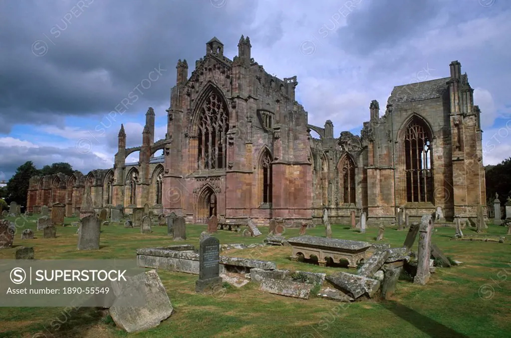 Melrose Abbey, first Cistercian settlement in Scotland, founded by David I in 1136, burial place of the heart of Robert the Bruce, Melrose, Scottish B...