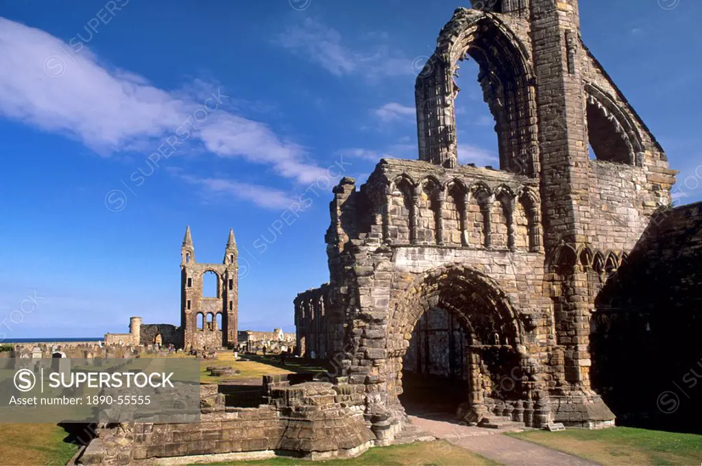 West gable in foreground with the great East window in background, St. Andrews cathedral dating from the 14th century, St. Andrews, Fife, Scotland, Un...
