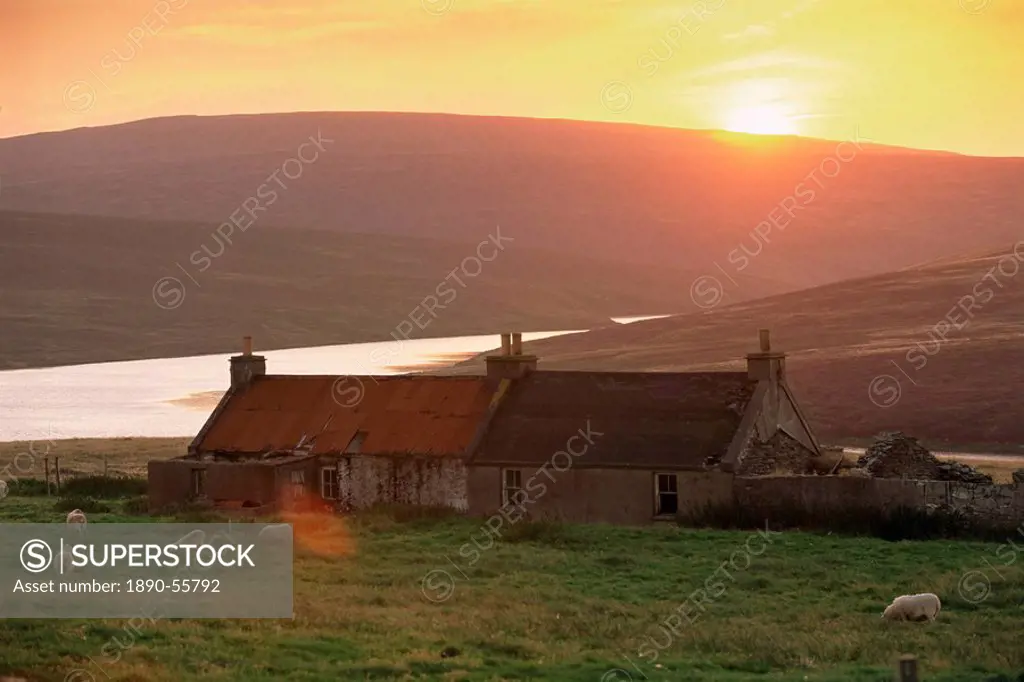 Abandoned house, and sunset, Unst, Shetland Islands, Scotland, United Kingdom, Europe