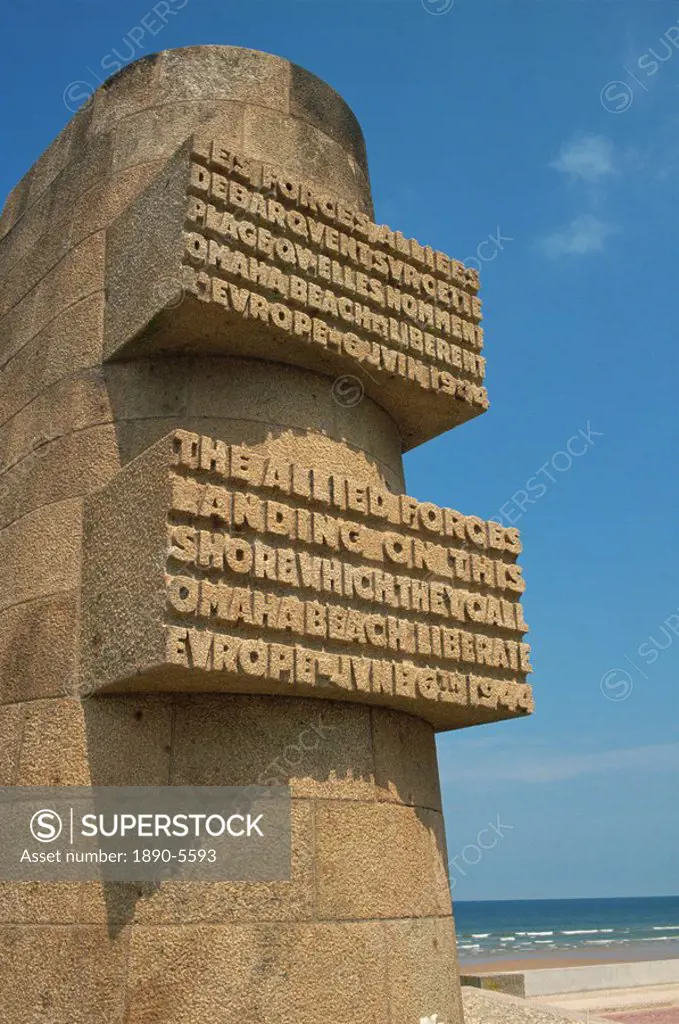 Commemorative obelisk marking the landing on 6th June 1944, Omaha Landing Beach, Normandy, France, Europe