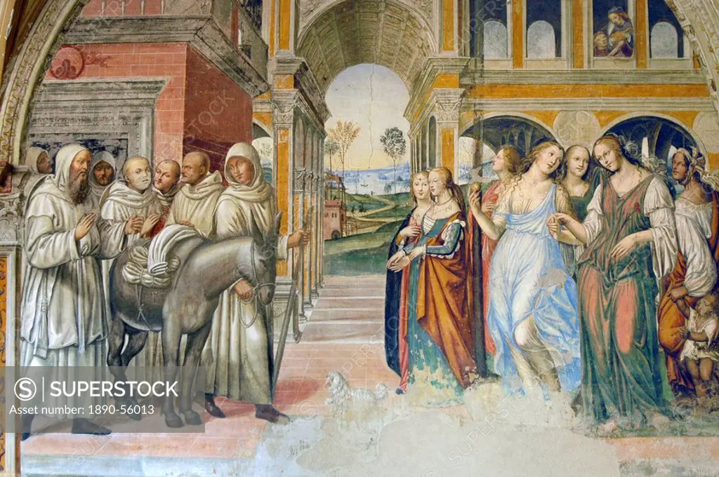 Frescoes in cloister by High Renaissance painter Il Sodoma Giovanni Antonio Bazzi painted between 1505 and 1508, of the life of St. Benedict San Bened...