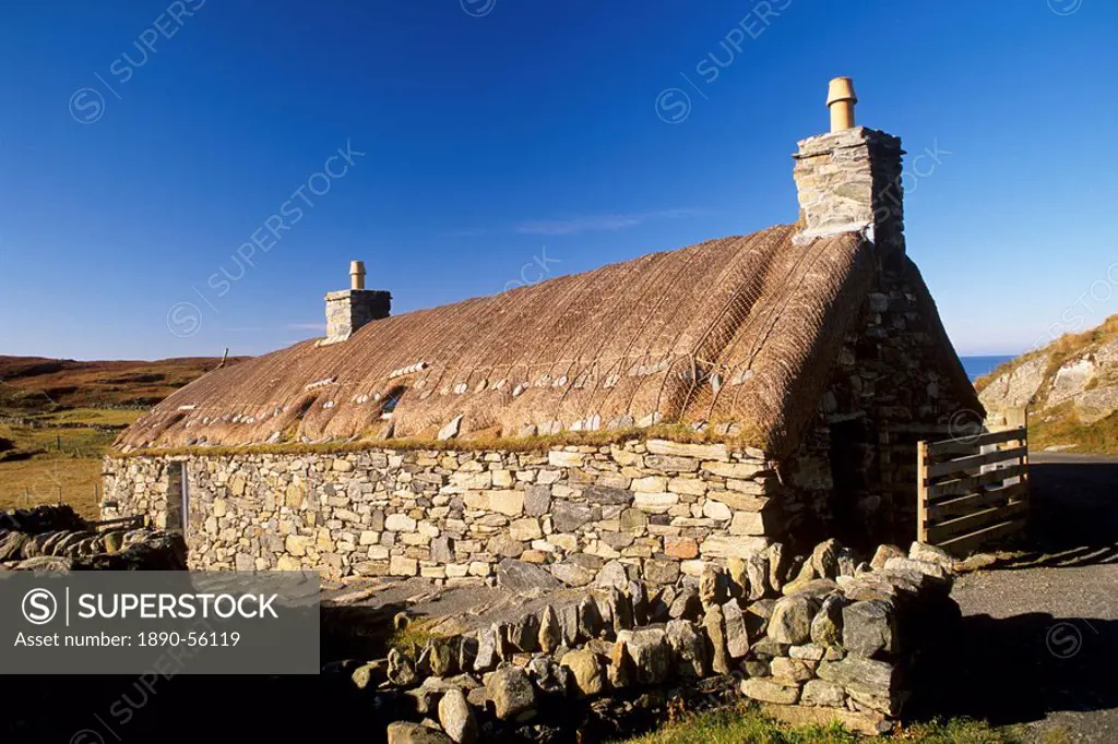 Garenin Black House village, Garenin Gearranan, west coast of Lewis, Isle of Lewis, Outer Hebrides, Scotland, United Kingdom, Europe