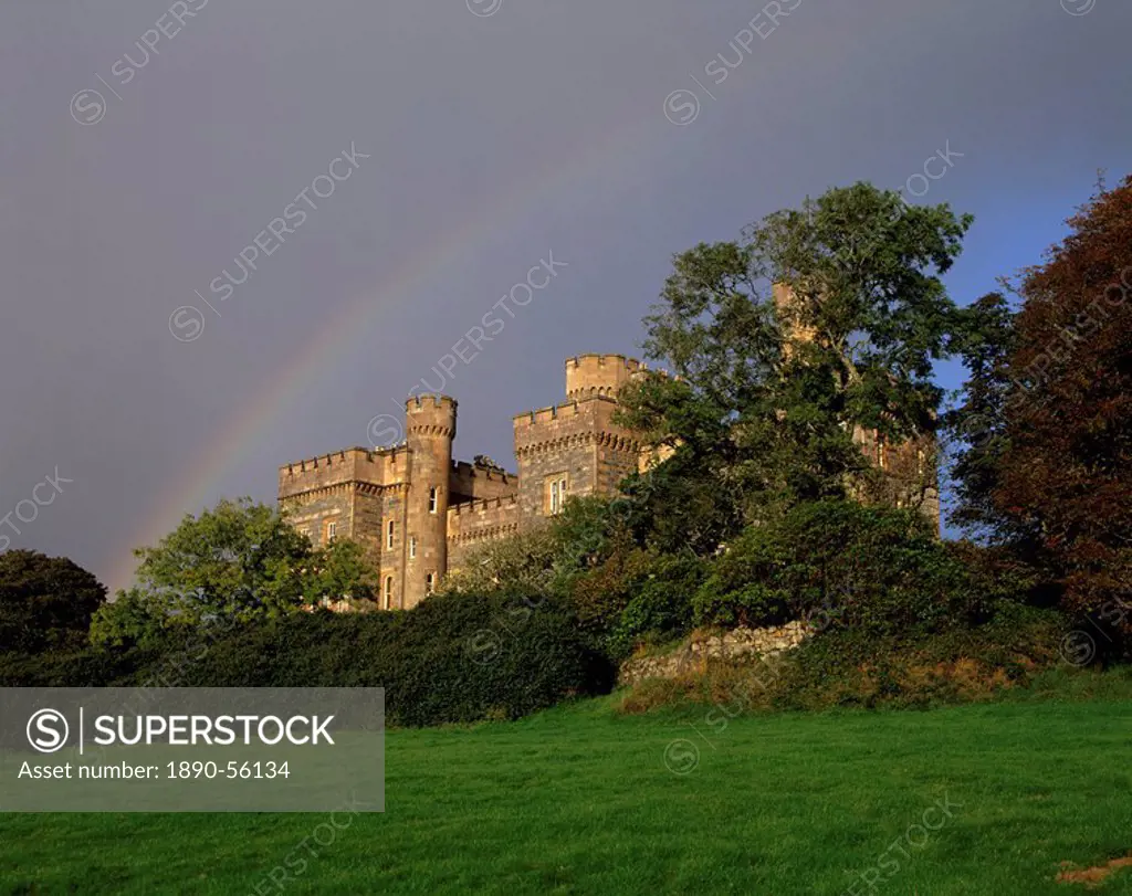 Lews Castle Stornoway Casle dating from the 19th century and rainbow, Stornoway, Lewis, Outer Hebrides, Scotland, United Kingdom, Europe
