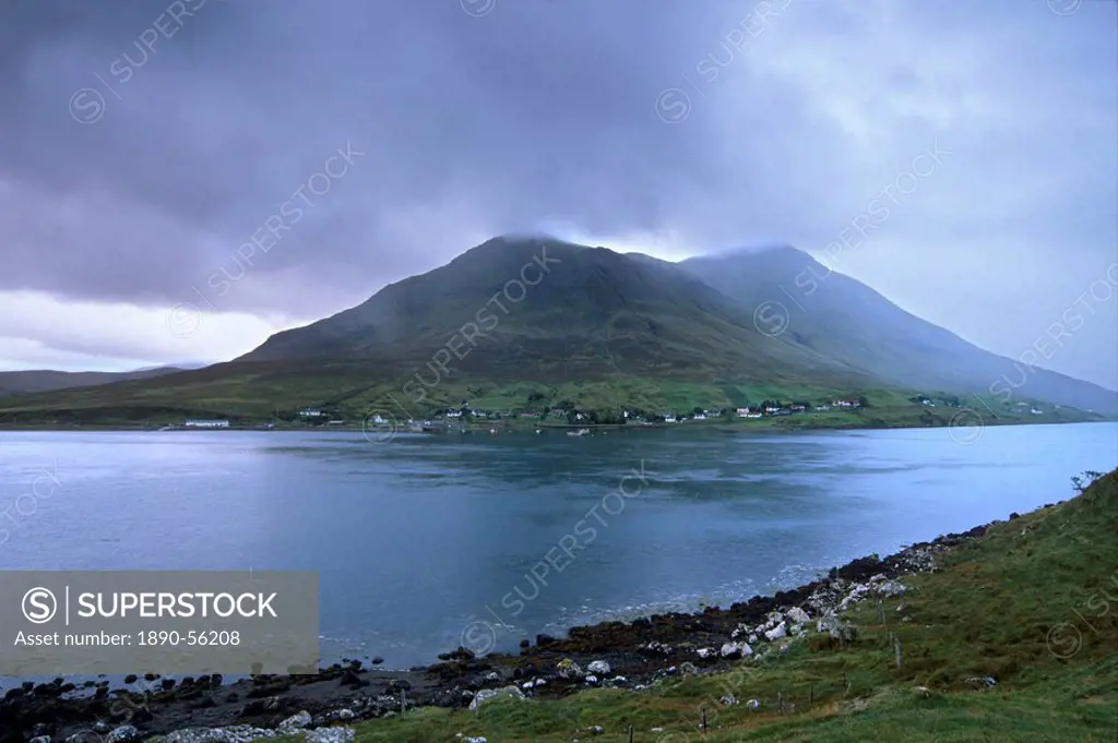 The Glamaig, 775 m, Red Cuillins, and the village of Sconser, from Peinnchoran, Isle of Skye, Inner Hebrides, Scotland, United Kingdom, Europe