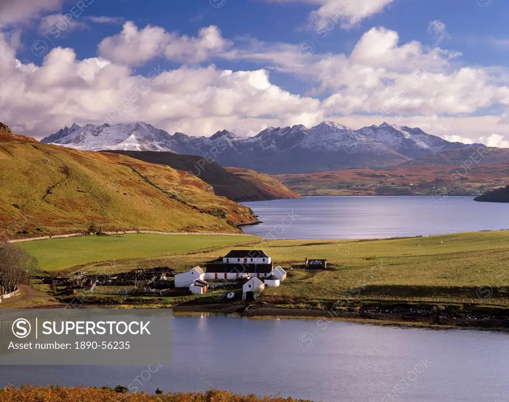 Gesto House, Loch Harport and snow on Black Cuillins, Isle of Skye, Inner Hebrides, Scotland, United Kingdom, Europe