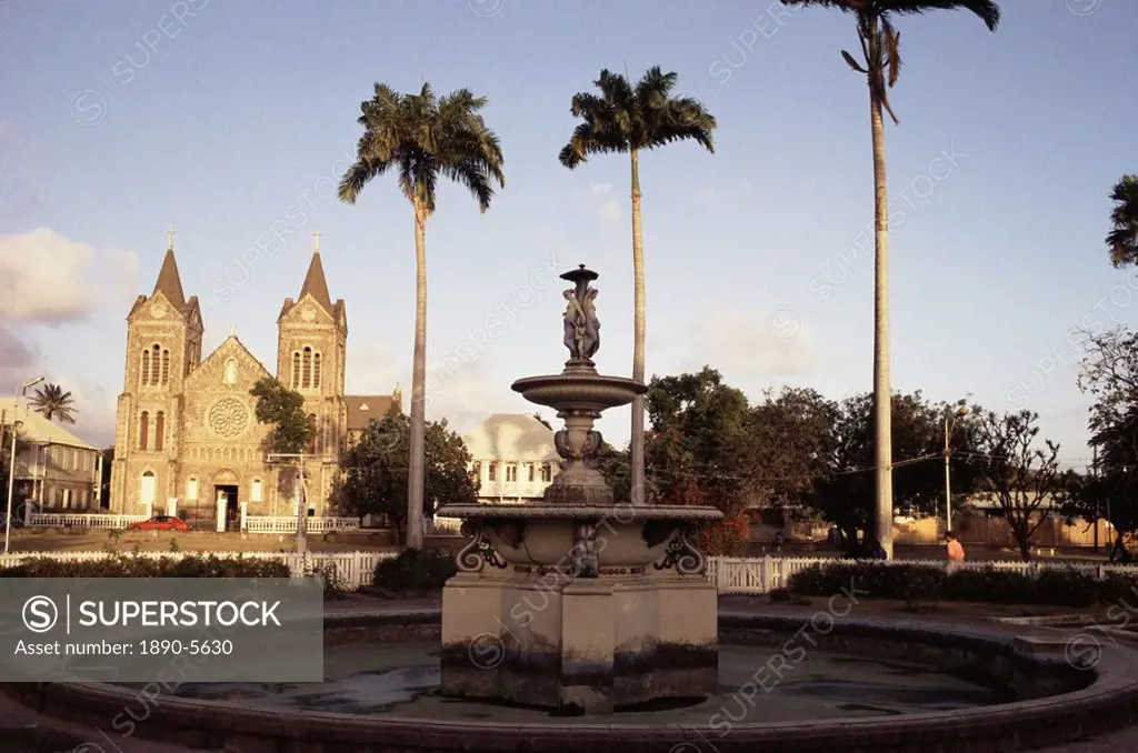 Fountain and cathedral, Independence Square, Basseterre, St. Kitts, Leeward Islands, West Indies, Caribbean, Central America