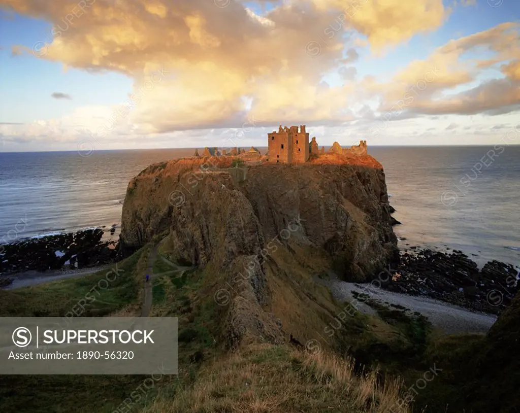 Dunnottar Castle, dating from the 14th century, at sunset, Aberdeenshire, Scotland, United Kingdom, Europe
