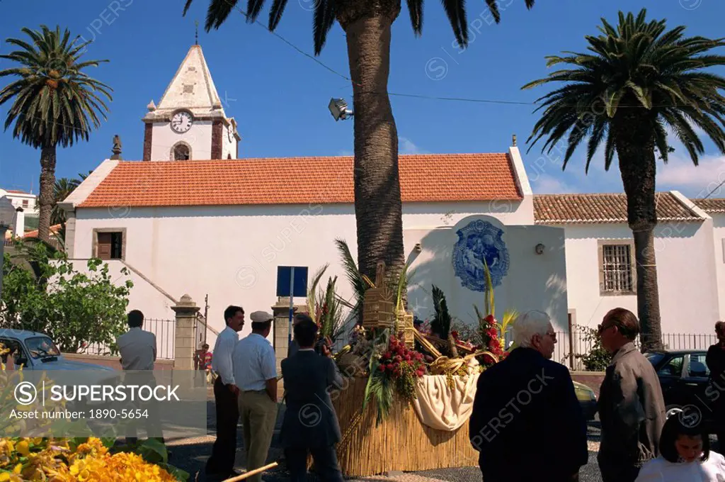 Easter floral display in square outside church, Porto Santo Island, off Madeira, Portugal, Atlantic, Europe