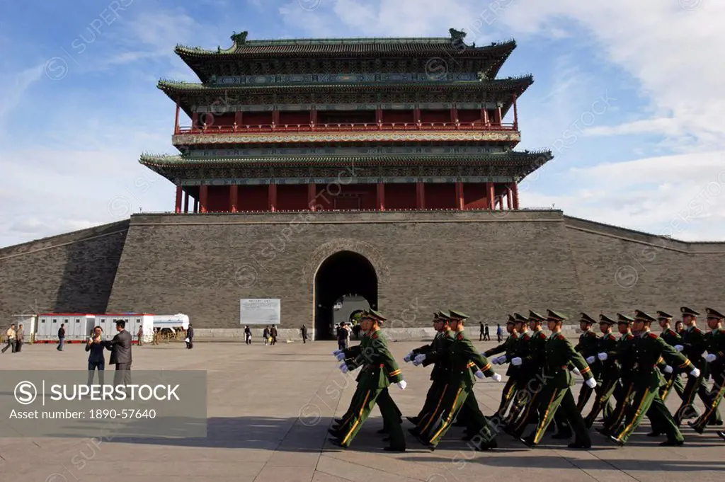 Guards march past Qianmen Gate, Tiananmen Square, Beijing, China, Asia