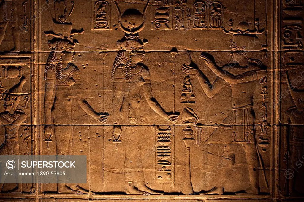 Relief carvings adorn the walls of the Temple of Philae, UNESCO World Heritage Site, near Aswan, Egypt, North Africa, Africa