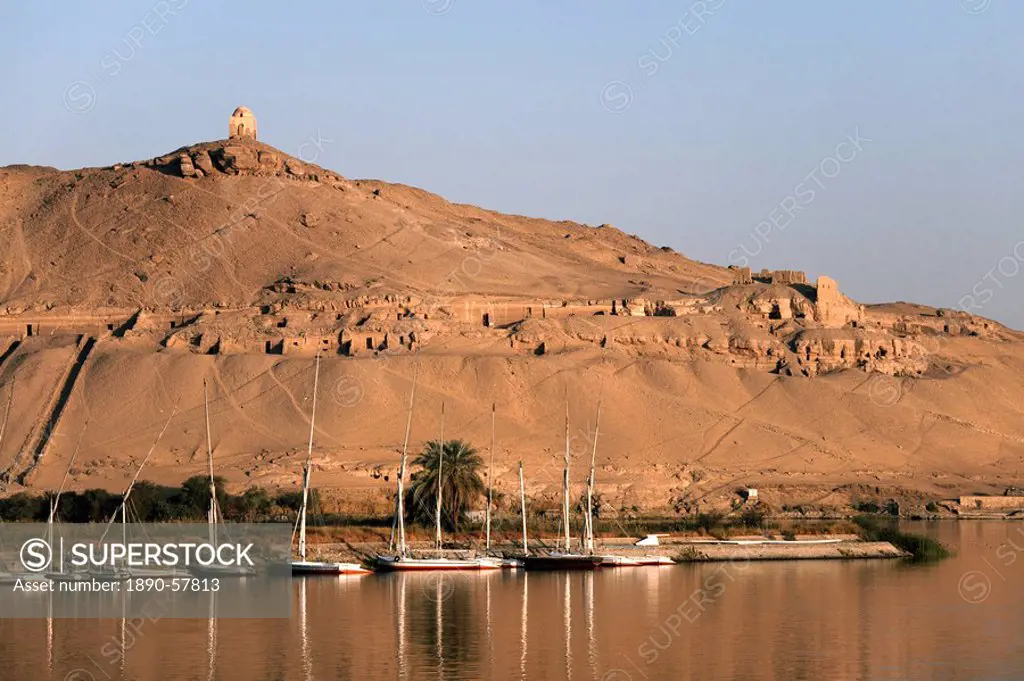 Overlooking the river Nile and the Tombs of the Nobles, Aswan, Egypt, North Africa, Africa