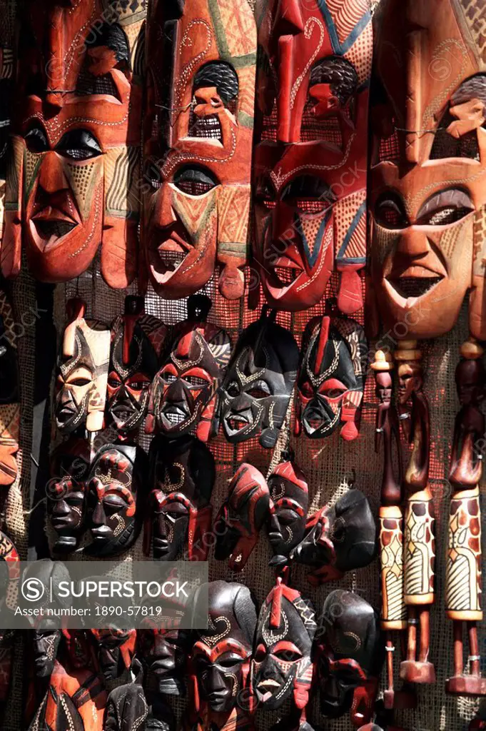 Various African masks on sale at Aswan Souq, Aswan, Egypt, North Africa, Africa