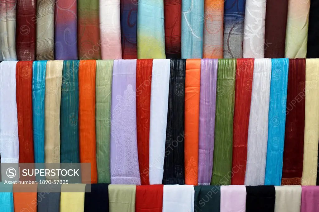 Various fabrics on sale at Aswan Souq, Aswan, Egypt, North Africa, Africa