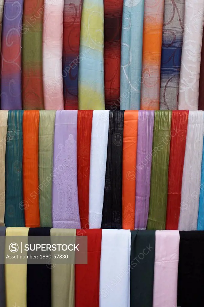 Various fabrics on sale at Aswan Souq, Aswan, Egypt, North Africa, Africa