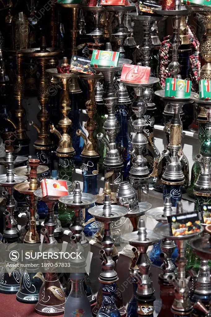 Water pipes for smoking sheesha, on sale at Aswan Souq, Aswan, Egypt, North Africa, Africa