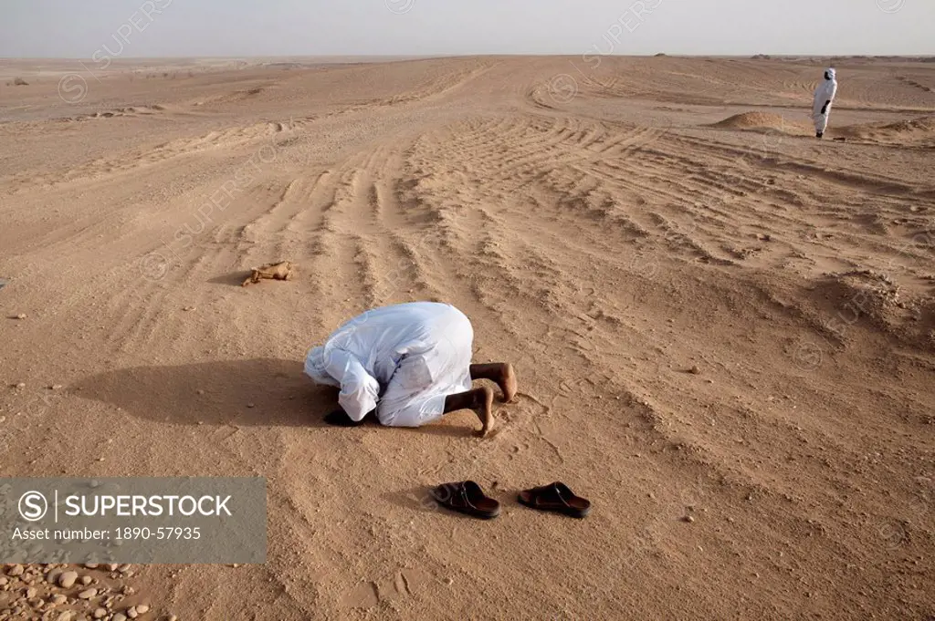 Muslims pray in the Nubian desert, south of Dongola, Sudan, Africa