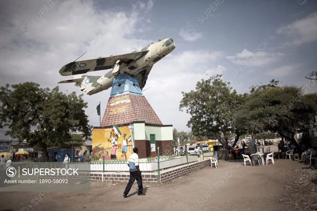 A Somali Air Force MiG jet used to bomb Hargeisa stands as a memorial in the center of Hargeisa city, capital of Somaliland, Somalia, Africa