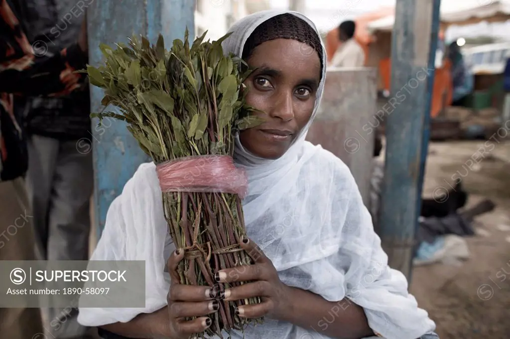 A woman selling khat qat chat in the city of Hargeisa, capital of Somaliland, Somalia, Africa