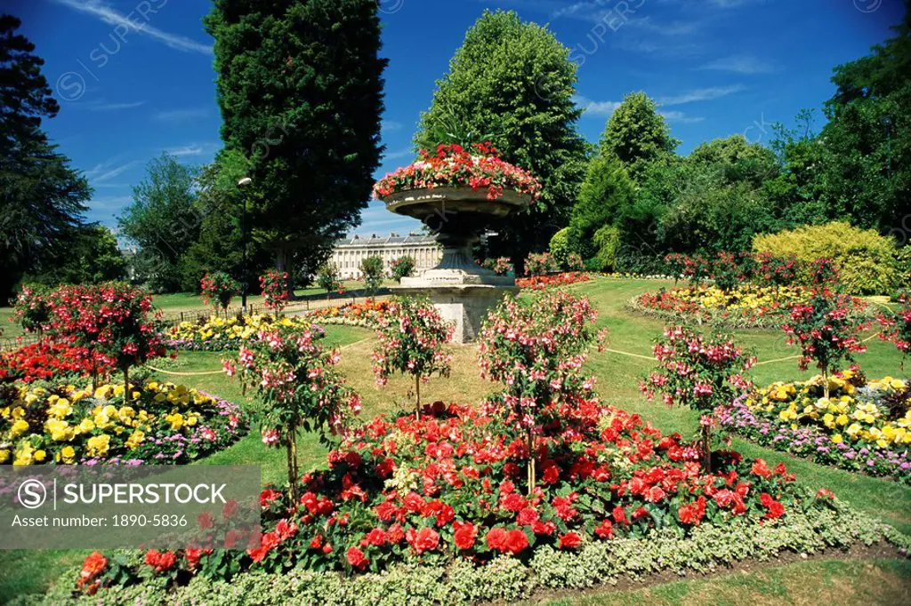 Summer bedding, with the Royal Crescent behind, Bath, Avon Somerset, England, United Kingdom, Europe