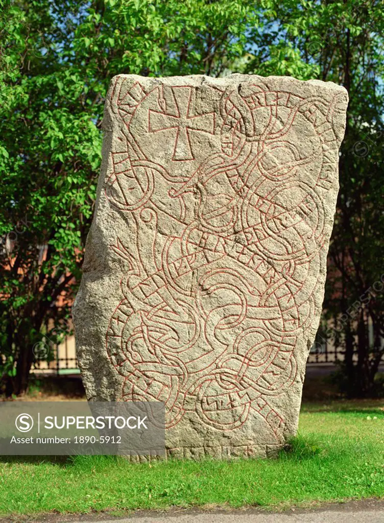 Rune stone in grounds of Uppsala cathedral, Sweden, Scandinavia, Europe