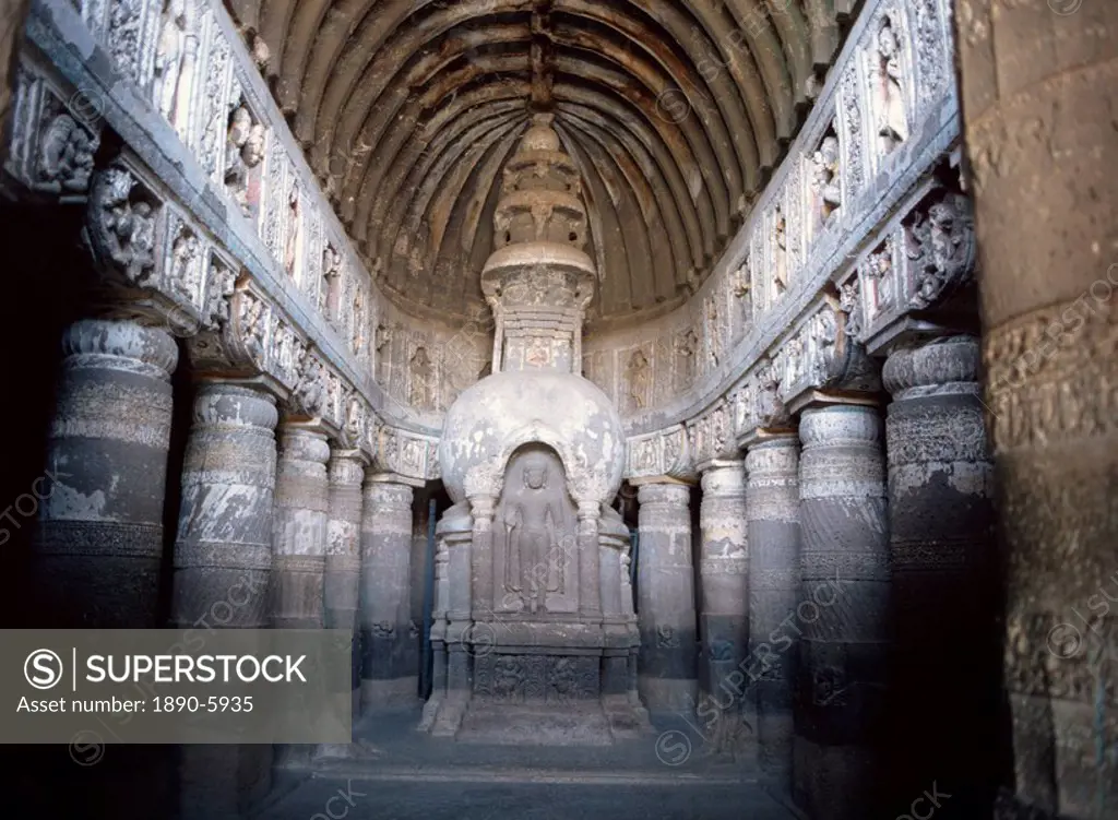 The finely carved late 5th century Buddhist Chaitya Hall, Cave 19, Ajanta Caves, UNESCO World Heritage Site, Maharashtra state, India, Asia