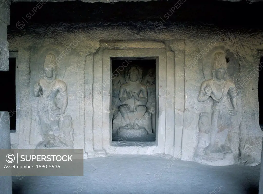 Shrine guarded by Bodhisattva figures, dating from 7th century, in Cave 5, Ellora, UNESCO World Heritage Site, near Aurangabad, Maharashtra state, Ind...