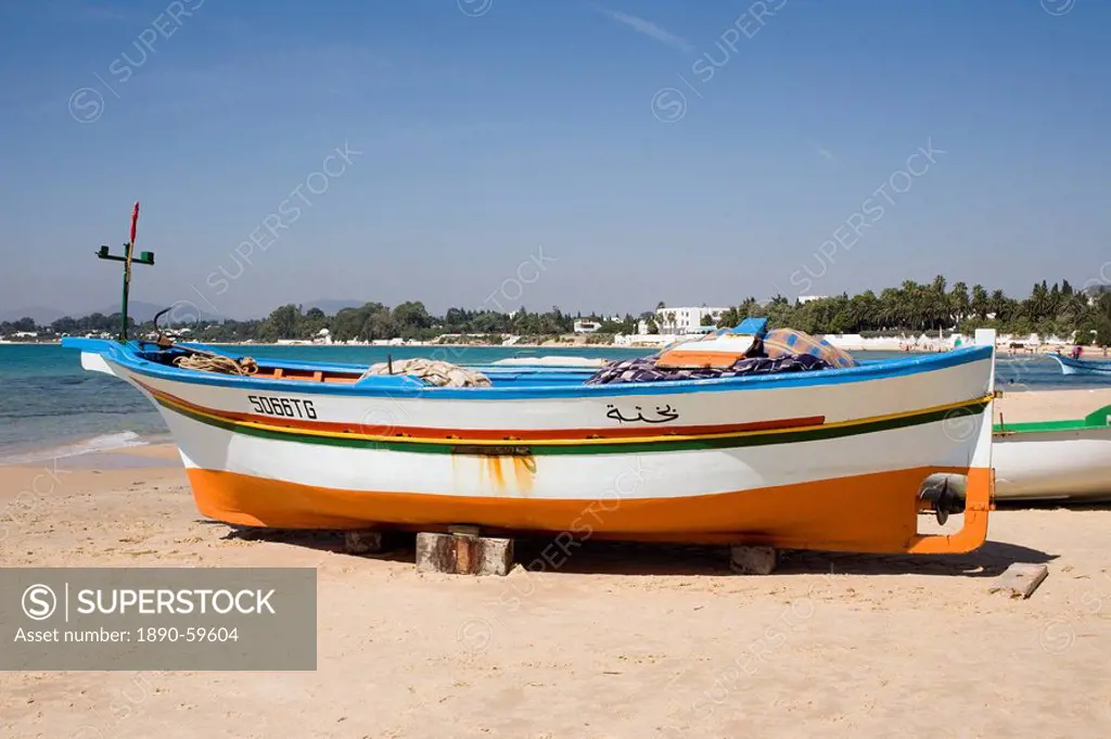 Fishing boats and beach, Hammamet, Tunisia, North Africa, Africa