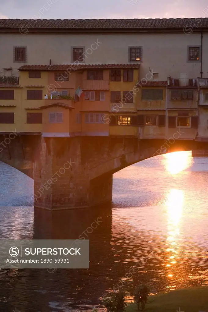 Detail of Ponte Vecchio Bridge in evening light, River Arno, Florence, Tuscany, Italy, Europe