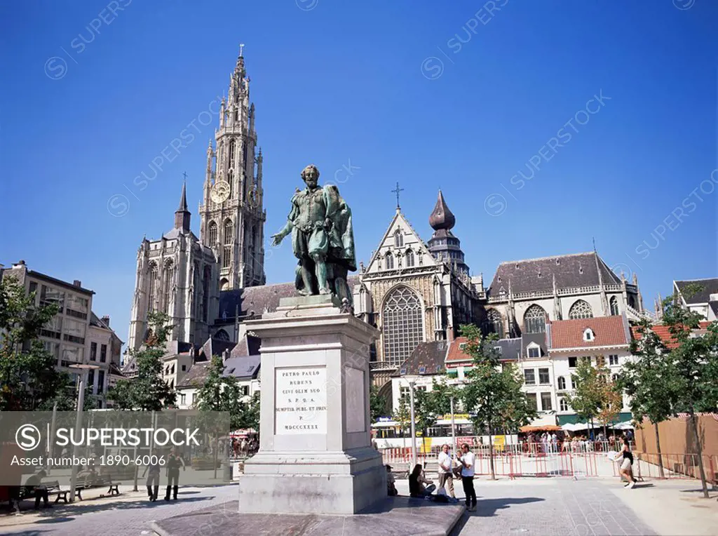 Statue of Rubens, cathedral, and Groen Plaats, Antwerp, Belgium, Europe