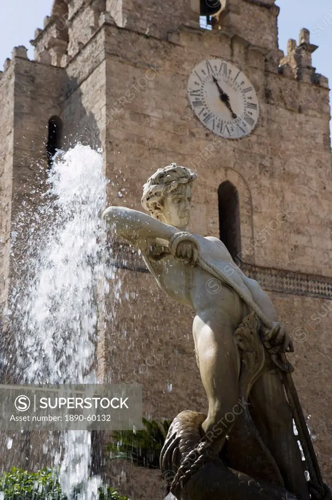 Fountain and cathedral, Monreale, Palermo, Sicily, Italy, Europe