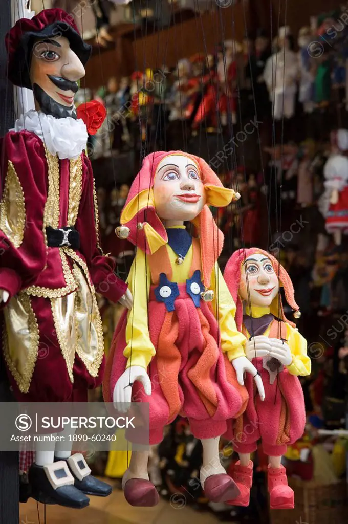 Puppets in shop, Old Town, Prague, Czech Republic, Europe
