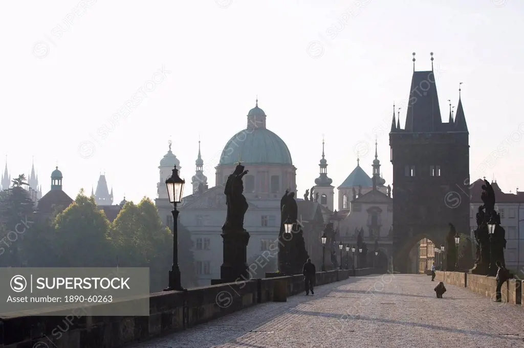 Morning light, Charles Bridge, UNESCO World Heritage Site, Church of St. Francis dome, Old Town Bridge Tower, Old Town, Prague, Czech Republic, Europe