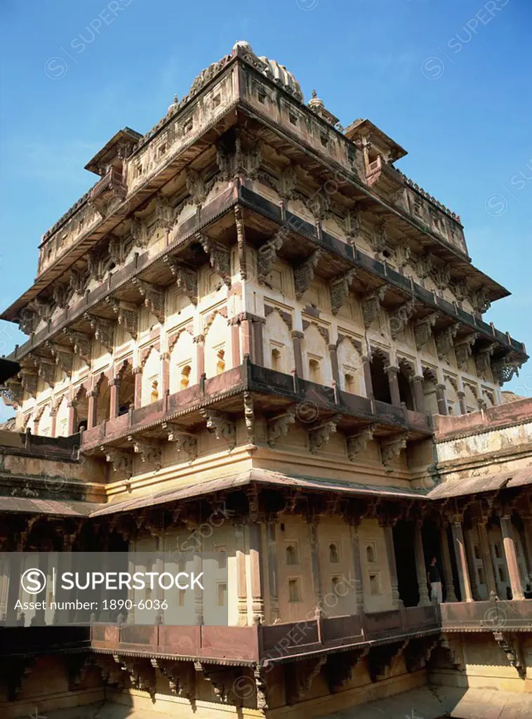 Central five storey structure of Nrising Dev Palace, Datia, Madhya Pradesh state, India, Asia