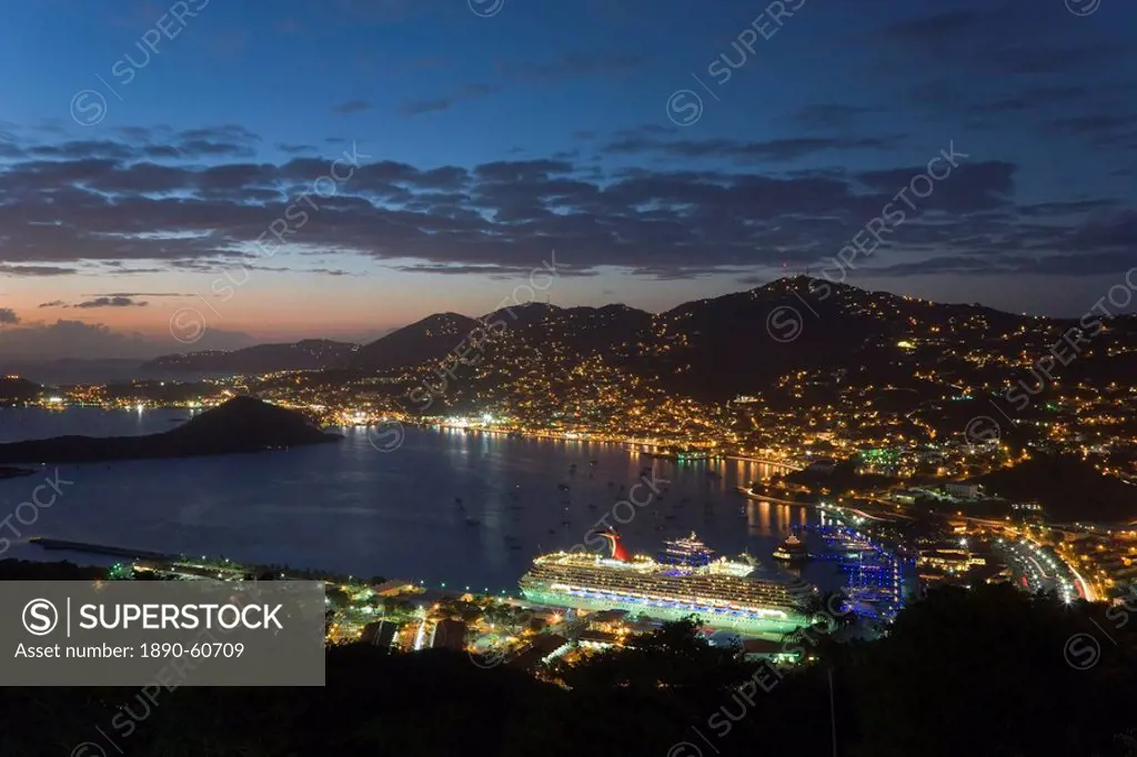 Elevated view over Charlotte Amalie and the cruise ship dock of Havensight, St. Thomas, U.S. Virgin Islands, Leeward Islands, West Indies, Caribbean, ...