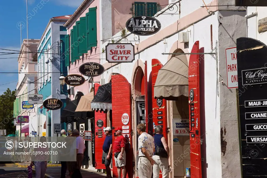 Shops lining the central Main Street, Charlotte Amalie, U.S. Virgin Islands, Leeward Islands, West Indies, Caribbean, Central America