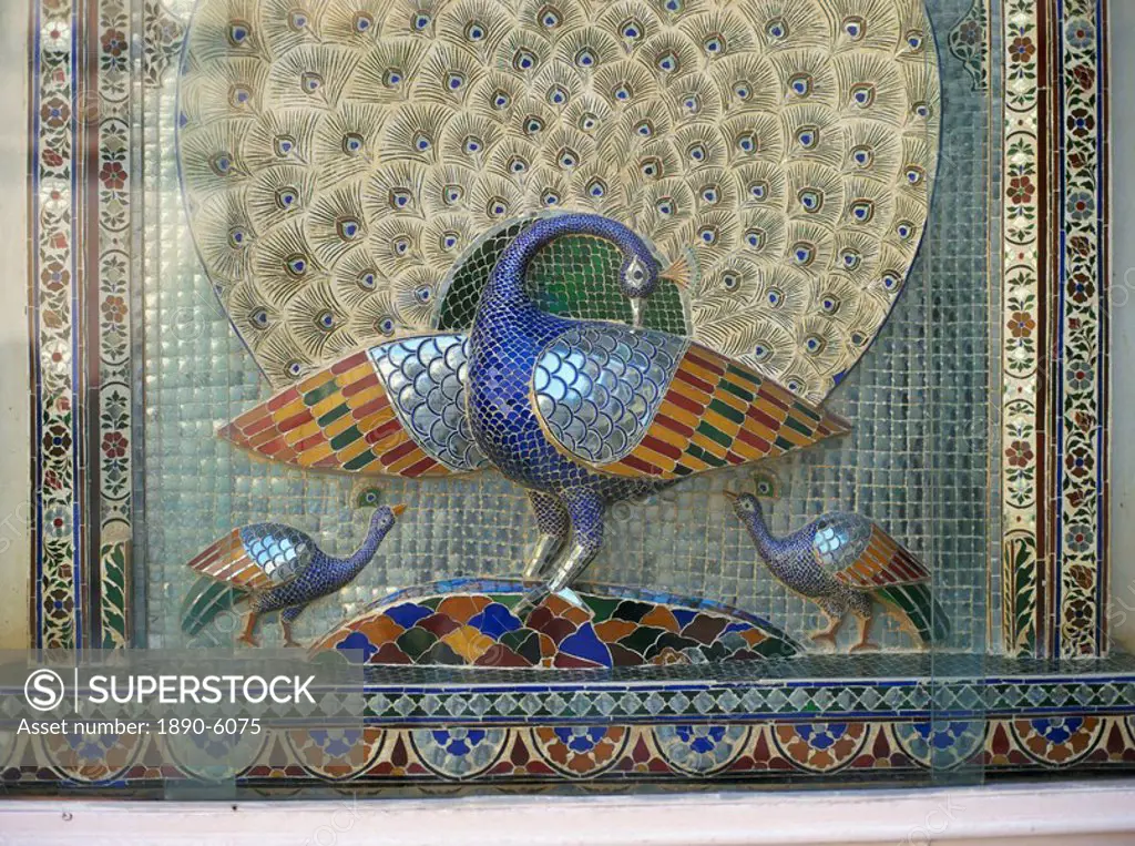 Glass mosaic peacock dating from the late 19th century, in City Palace Mor Chowk, Udaipur, Rajasthan state, India, Asia