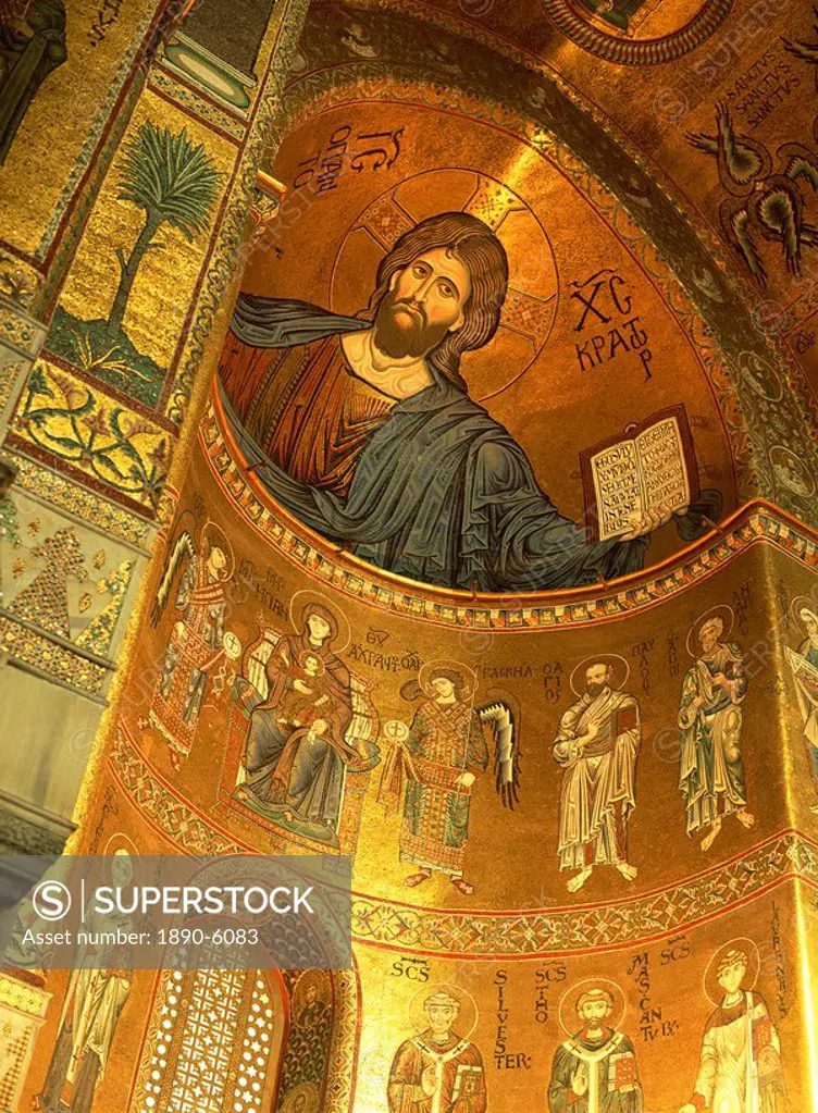 Christ Pantocrator above Madonna, angels and apostles, late 12th century mosaics in apse in the cathedral, Monreale, Sicily, Italy, Europe