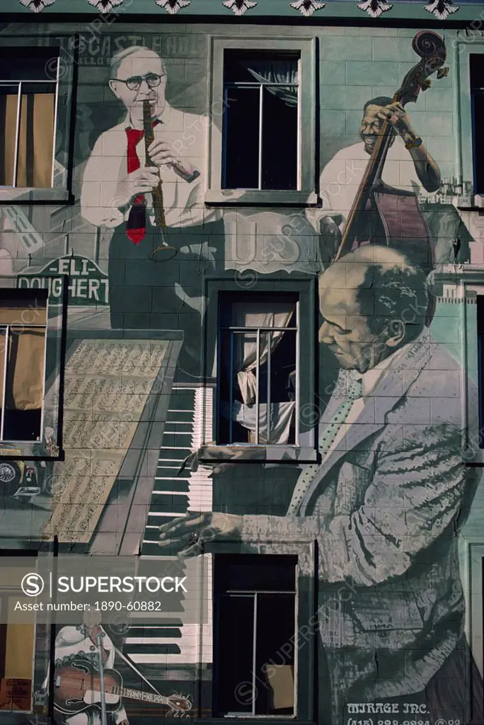 Jazz mural on building at Broadway and Columbus, San Francisco, California, United States of America, North America