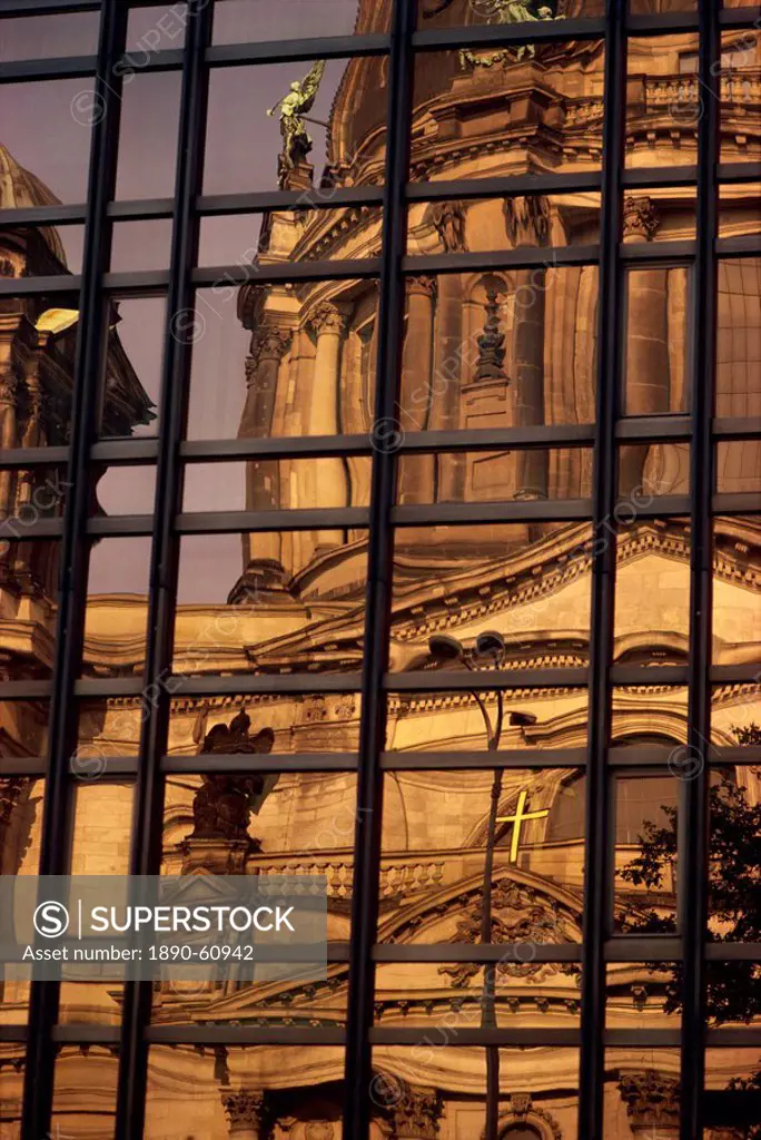 Reflection of Berlin Cathedral in the Volkskammer in Berlin, Germany, Europe