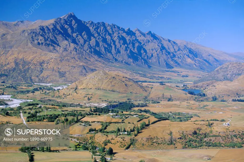 View south east from Coronet Peak to the Shotover Valley and The Remarkables mountains, near Queenstown, western Otago, South Island, New Zealand, Pac...