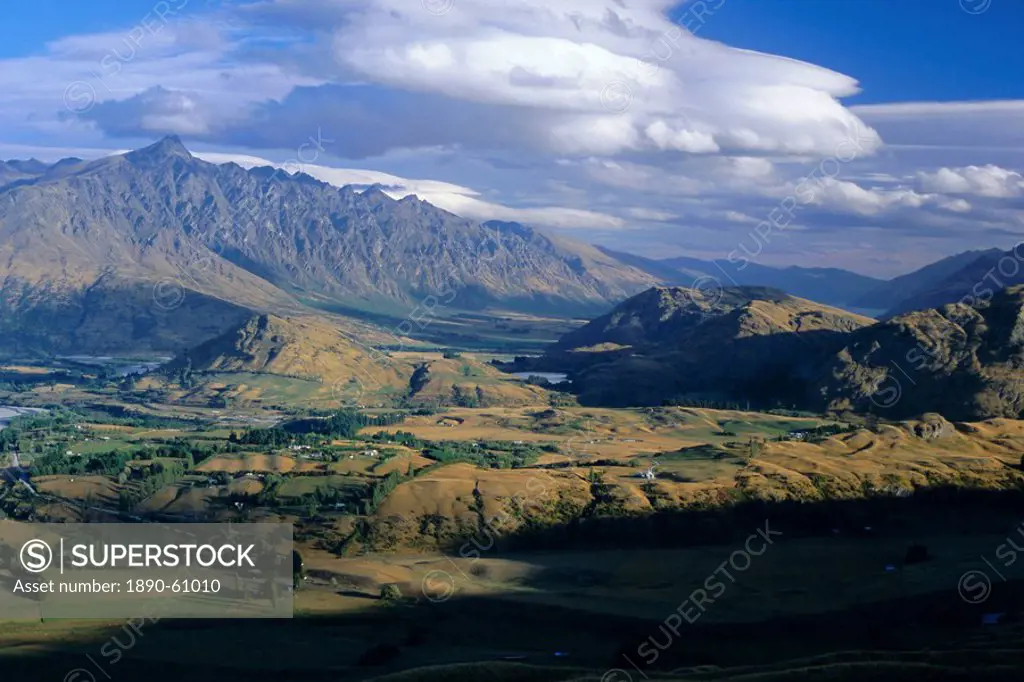 Looking south east from Coronet Peak towards the Shotover Valley and The Remarkables mountains, near Queenstown, west Otago, South Island, New Zealand...