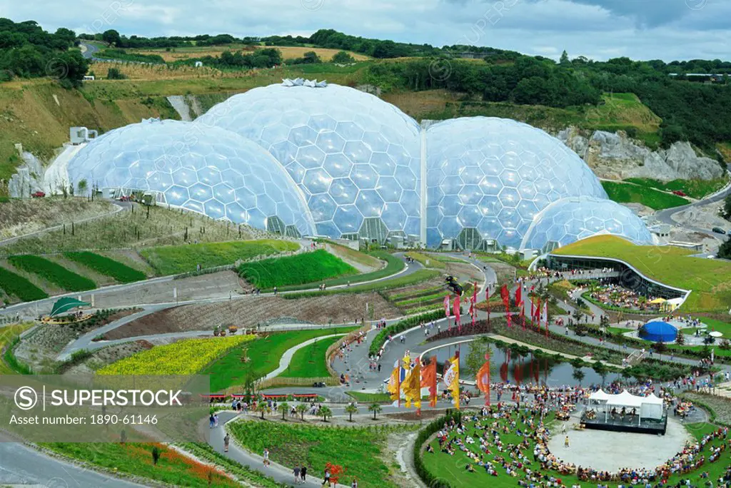 The Humid Tropics biome at the Eden Project, a huge global garden with large hot houses opened in 2001 in a china clay pit, near St Austell, Cornwall,...
