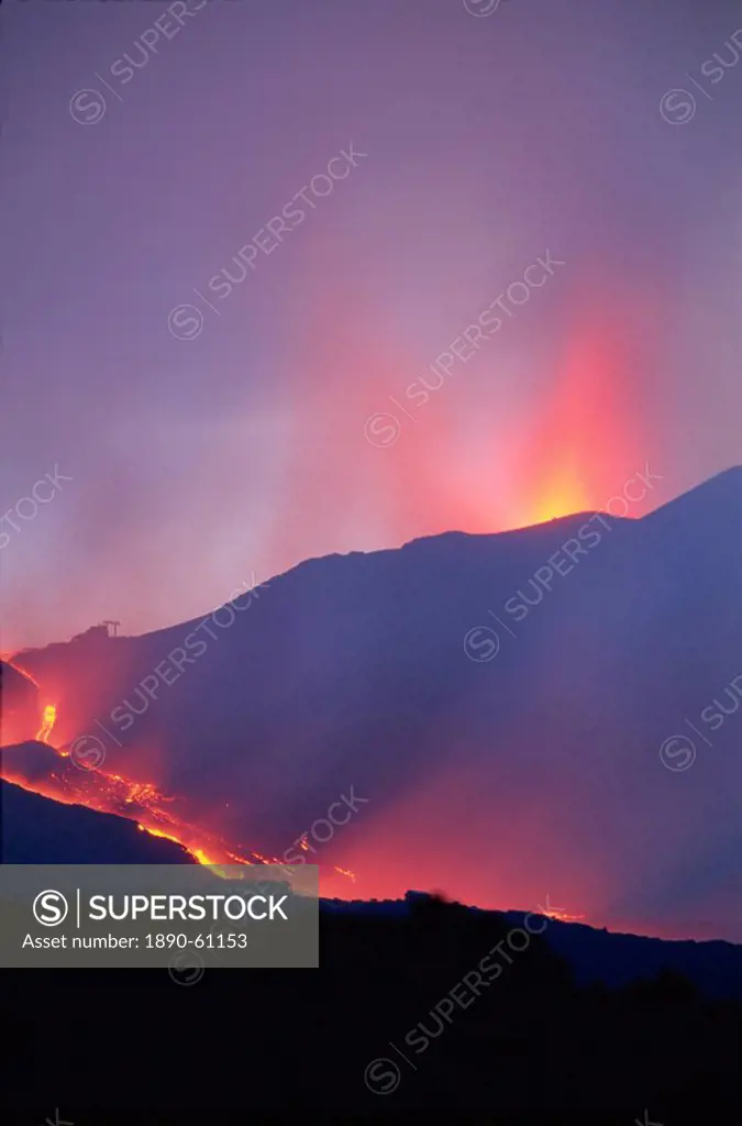 Lava flows during eruption of Mount Etna, Sicily, Italy, Europe
