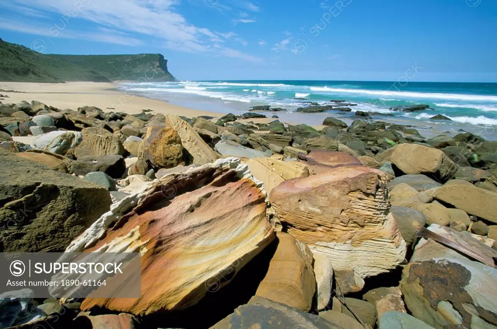 Eroded sandstone boulders at Garie Beach in Royal National Park, south of Sydney, New South Wales, Australia, Pacific
