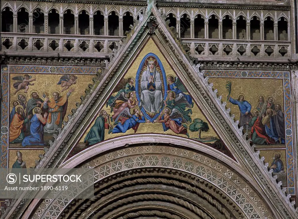 Mosaics, mostly 18th and 19th century replacements, on facade of Orvieto cathedral, Orvieto, Umbria, Italy, Europe